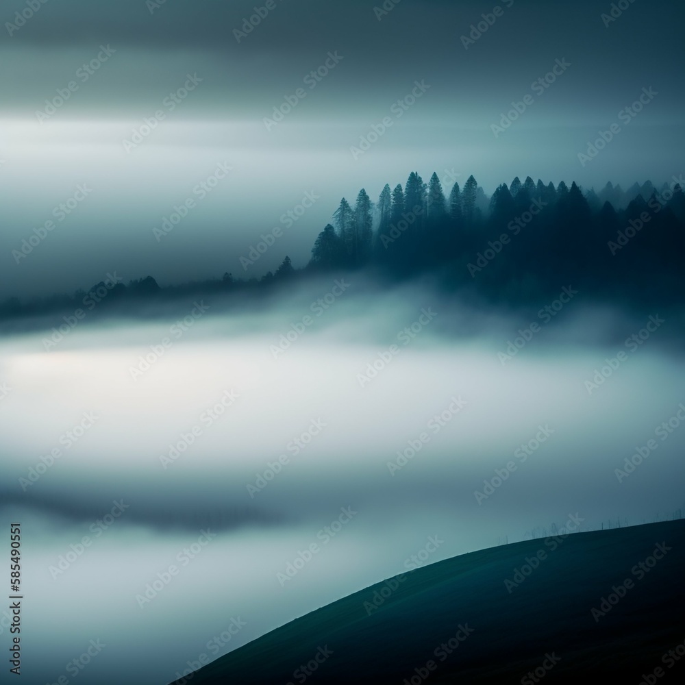 A beautiful and ethereal shot of a misty or foggy landscape, with a mystical and otherworldly feel.