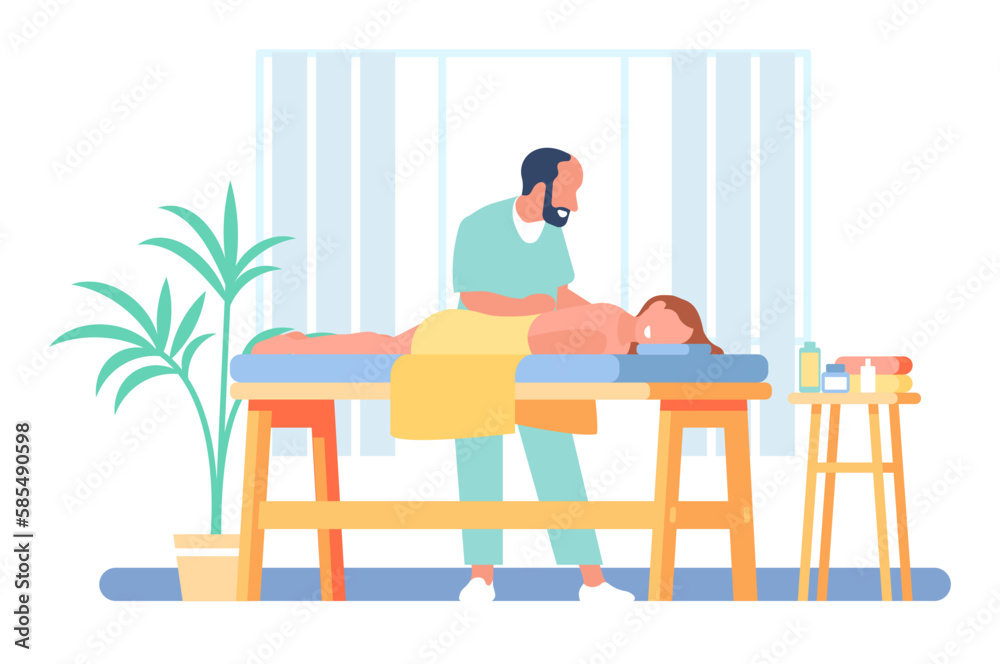 Fototapeta premium Male masseur in spa. Man gives massage to woman lying on special table. Relaxing beauty procedure. Wellness and treatment. Manual therapy. Resort relaxation. Body care. Vector concept