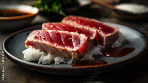 Close Up Still Life of Roasted Tuna Steaks with Sesame Seeds on Ceramic Plate. Created using Generative AI technology.