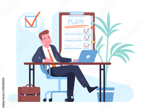 Man plans his to do list by making notes in notebook. Agenda and deadline planning. Completed tasks. Worker sitting at office table. Goals scheduling. Time management. Vector concept