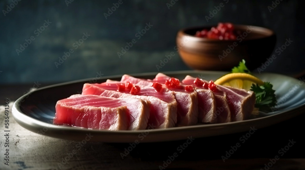 Close Up Still Life of Roasted Tuna Steaks with Sesame Seeds on Ceramic Plate. Created using Generative AI technology.