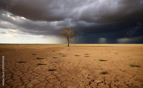 A dry, cracked and barren landscape with a lone tree in the middle and a storm cloud in the background. Generative AI illustration
