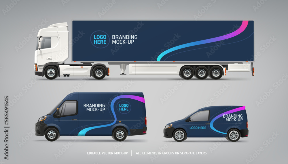 Cargo Van, Truck trailer mockup set with compamy decal branding design. Abstract graphic of blue and  stripes wrap and decal design for corporate car. Branding design and advertising on vehicle.
