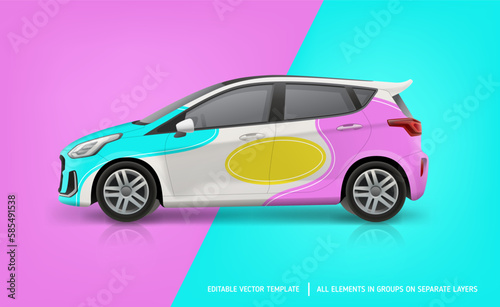 Branding Commercial Car mockup for corporate identity design. Abstract graphics on corporate vehicle. Side view car mockup. Editable 3d vector illustration 