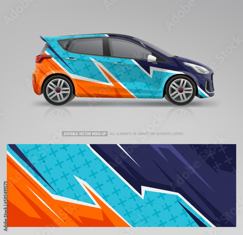 Wrap and decal design for racing car. Abstract graphics on corporate vehicle. Racing livery design. Branding on transport. Editable template