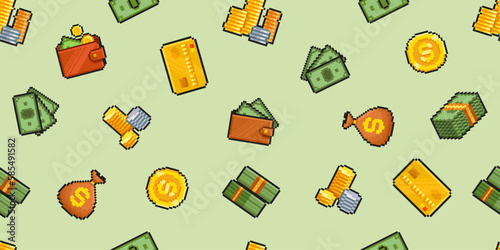 Geek Pixel Art Cash Money seamless pattern. 8-bit Pixel Wallet with banknotes and Golden Credit Card. Pixel Money Background. Payment icons in retro video game style. Editable vector
