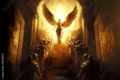Fototapeta Angel and sinners at great judgment stairway to heaven, created with generative