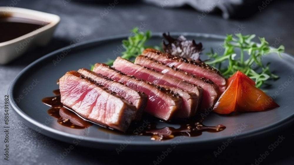 Close Up Still Life of Roasted Tuna Steaks with Sesame Seeds on Ceramic Plate. Created using Generative AI technology. Close Up Still Life of Roasted Tuna Steaks with Sesame Seeds on Ceramic Plate. Created using Generative AI technology.
