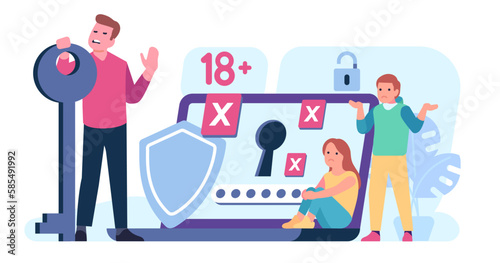 Parental control software. Limited Internet access. Restricted content filter. Parent with lock and key. Media safety. PC limitation application. Monitoring service. Vector concept