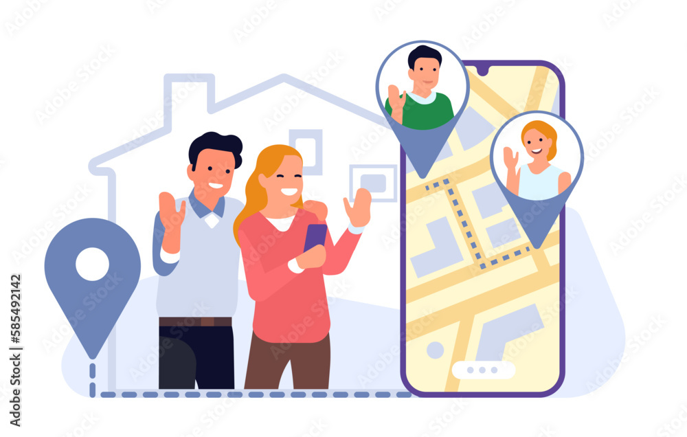 Parents keep track of their children whereabouts using smartphone app. Phone screen with map and location pins. GPS navigation. Kids safety mobile application service. Vector concept Parents keep track of their children whereabouts using smartphone app. Phone screen with map and location pins. GPS navigation. Kids safety mobile application service. Vector concept