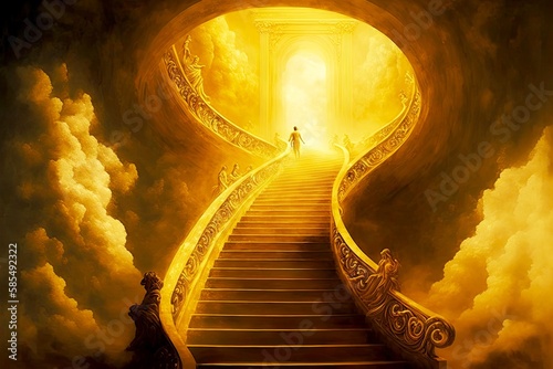 Golden stairway to heaven with paradise at end for righteous, created with generative ai