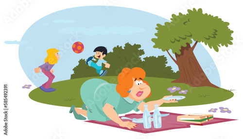 Summer camping. Woman cooking food for children in nature. Illustration for internet and mobile website.