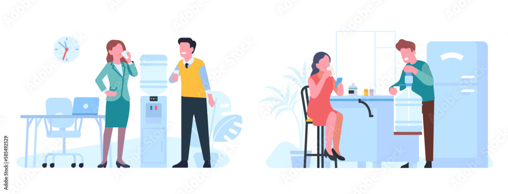 People drink water in office and home. Employees standing near cooler. Couple with beverage cups in kitchen. Plastic bottle. Aqua dispenser. Man and woman quenching thirst vector set