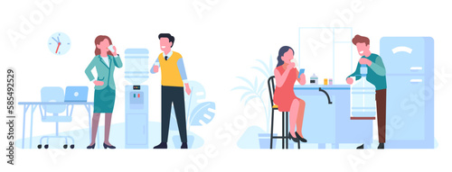 People drink water in office and home. Employees standing near cooler. Couple with beverage cups in kitchen. Plastic bottle. Aqua dispenser. Man and woman quenching thirst vector set