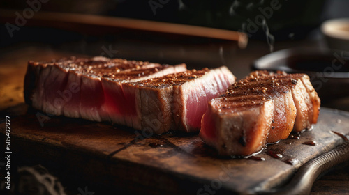 Close Up Still Life of Roasted Tuna Steaks with Sesame Seeds on Wooden Surface. Created using Generative AI technology.