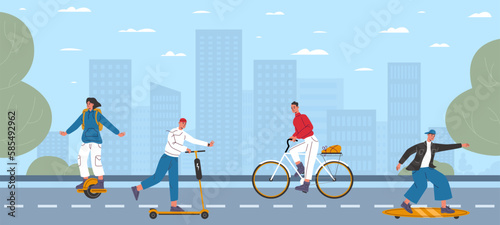 People on electric transport in city. Skateboard and scooter. Citizens on eco friendly vehicles. Man riding bicycle. Hipsters on road. Woman driving monowheel gyroscooter. Vector concept