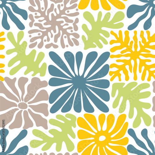 Seamless patchwork pattern with retro groovy flowers and leaves. Summer simple abstract design in naive art style. 60s vintage style plants. Colorful psychedelic background. Vector illustration © Logvin art