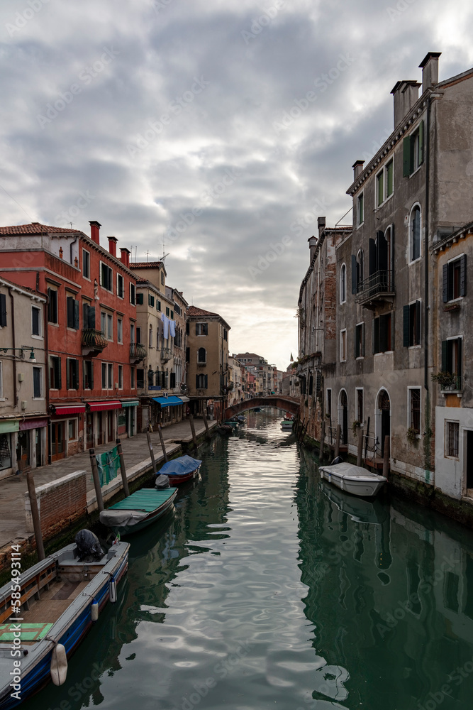 Venice, view of a canal at sundown, epic scenery of venetian panorama.