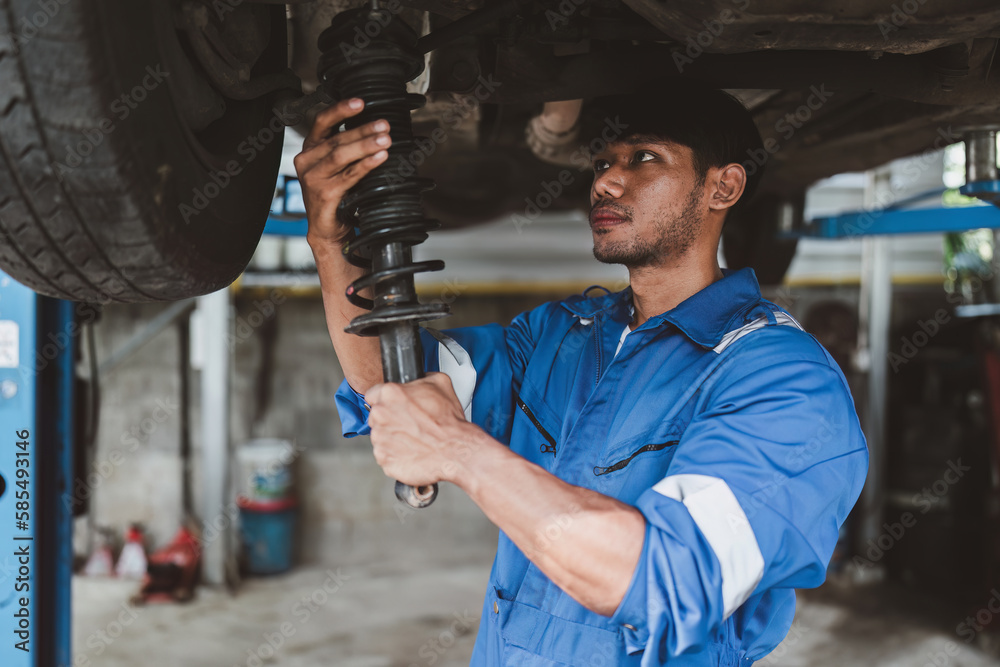 Expert auto mechanic repair and service customer service work on car at garage. automobile car concept Expert auto mechanic repair and service customer service work on car at garage. automobile car concept