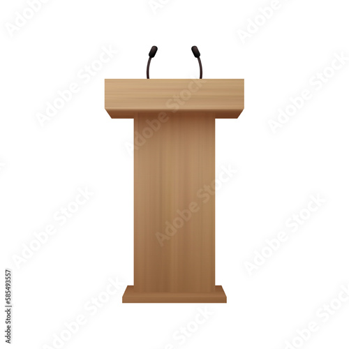 Wooden orators podium with microphone for speaker on conference, lecture or debate. Realistic rostrum pulpit for presentation and communication with public. Tribune for speech. Vector illustration