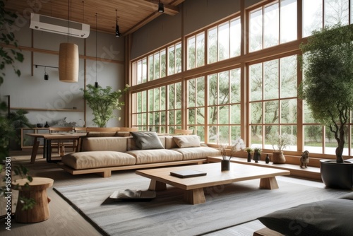 Wooden Japanese living room, blurred backdrop. Fabric couch, beams ceiling, window, and decors. Farmhouse decor,. Generative AI