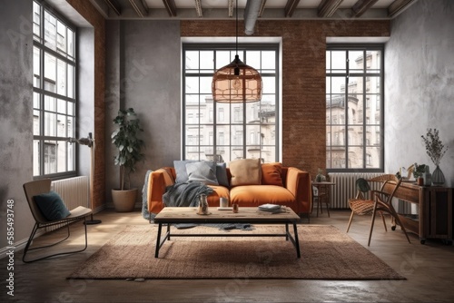 Rustic loft living room,. Generative AI © AkuAku