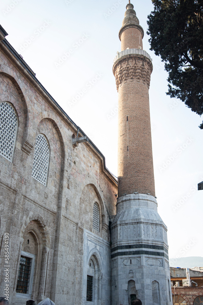 Minaret of Ulucami Mosque in Bursa, Turkey. The mosque is the largest mosque in Bursa.