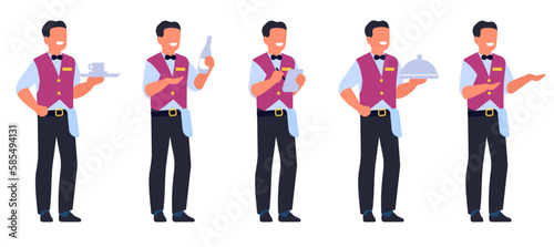 Waiter character. Restaurant employee. Headwaiter or sommelier. Man in cafe uniform. Male holding menu and wine bottle. Person carrying cup on tray. Vector catering workers poses set