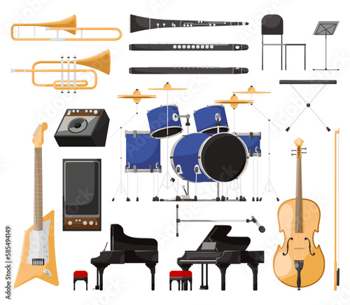 Musical instruments set. Folk classical musical equipment violin, piano electro guitar and blue drum kit. Collection of various musical instruments isolated on white background. Vector illustration
