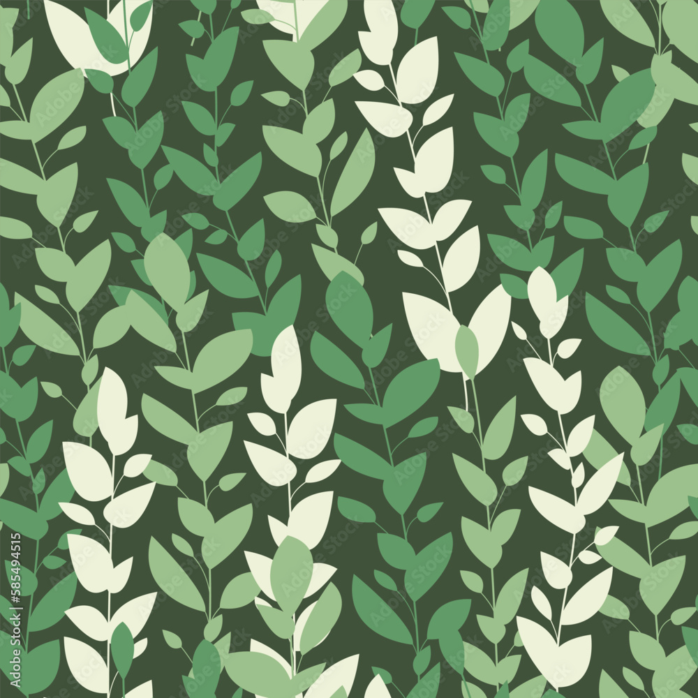 Cute green leaves on the branch, vector seamless pattern design, simple flat graphics, grass print for clothes and home decor, boho style