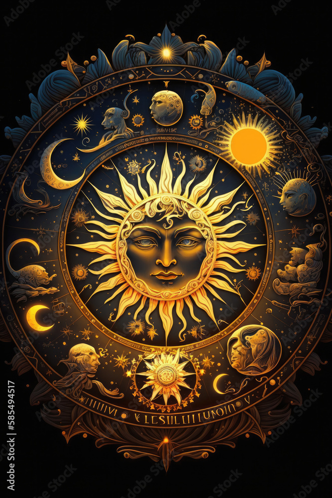 Sun horoscope and astrology vertical background. Created with Generative AI technology.