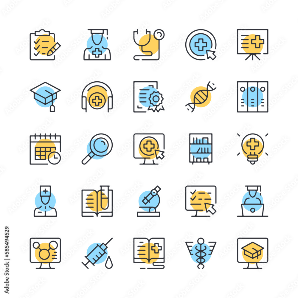 Medical education line icons. Set of medical training icons. Black, blue and yellow colors. Modern outline graphic design. Vector line icons set Medical education line icons. Set of medical training icons. Black, blue and yellow colors. Modern outline graphic design. Vector line icons set