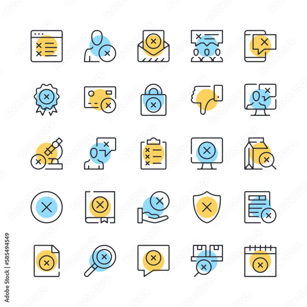 Rejection line icons. Set of dislike icons. Black, blue and yellow colors. Modern outline graphic design. Vector line icons set