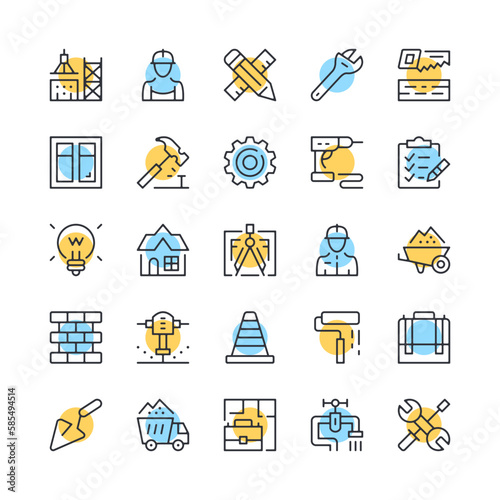Construction line icons. Set of building icons. Black, blue and yellow colors. Modern outline graphic design. Vector line icons set