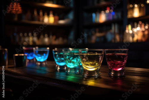  Ice vodka in small glasses on the bar generative ai