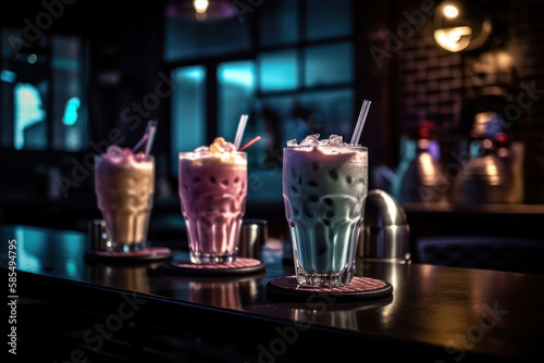 Ice milk shake in glasses on the bar generative ai