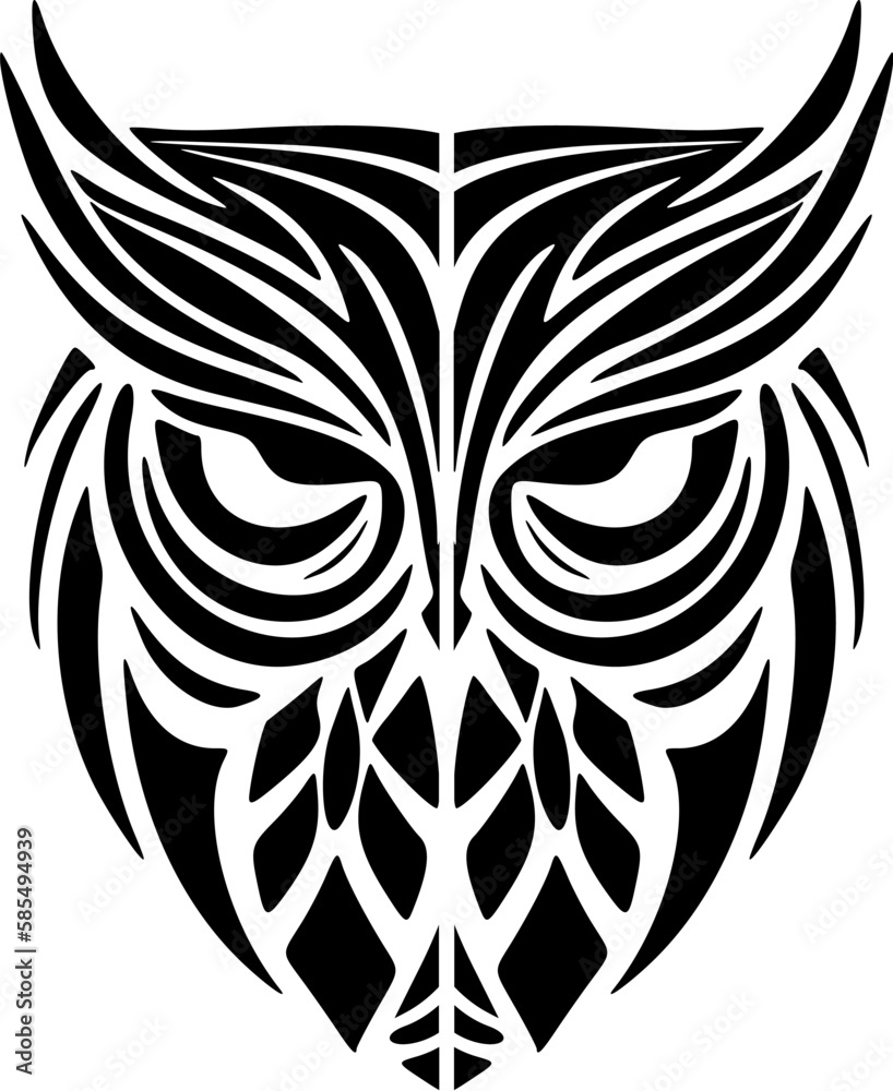 ﻿A black and white owl tattoo featuring designs from Polynesian culture.