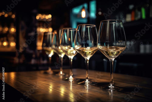 white wine, wine glasses, bar, alcohol, beverage, drink, refreshment, relaxation, luxury, elegance, celebration, party, socializing, nightlife, leisure, entertainment, wooden table, restaurant, cuisin