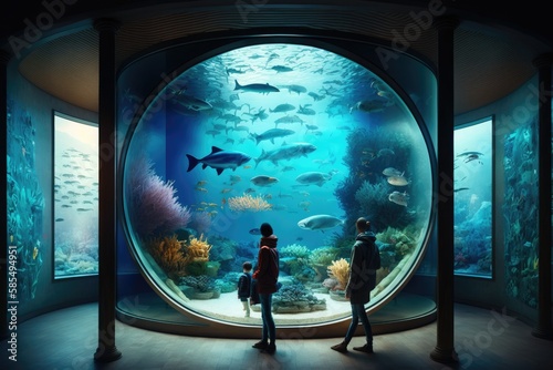 Tourists exploring sea life in public aquarium museum © Tixel