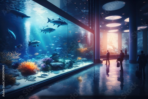 Tourists exploring sea life in public aquarium museum