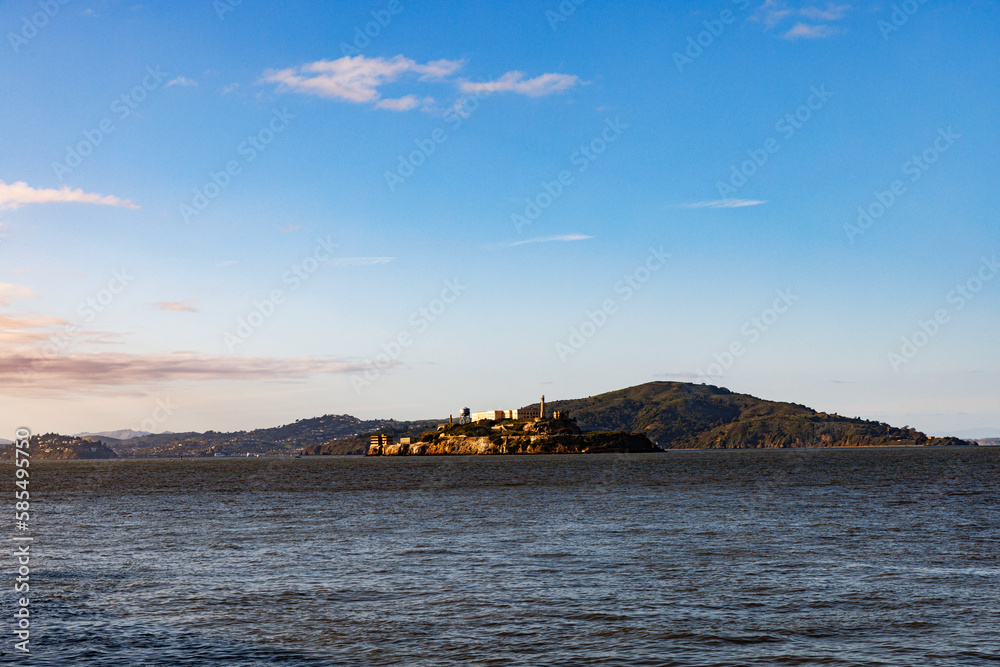 San Francisco Alcatraz Prison Island Sunset on water San Francisco Alcatraz Prison Island Sunset on water