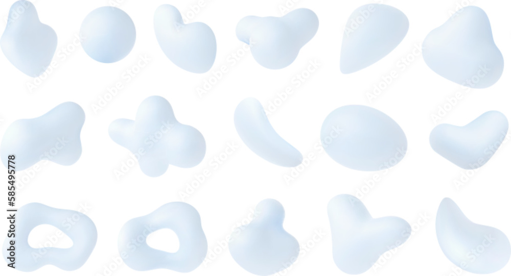 Light 3d abstract various liquid shapes. White design plasticine, render elements. Isolated forms collection, vector digital graphic set