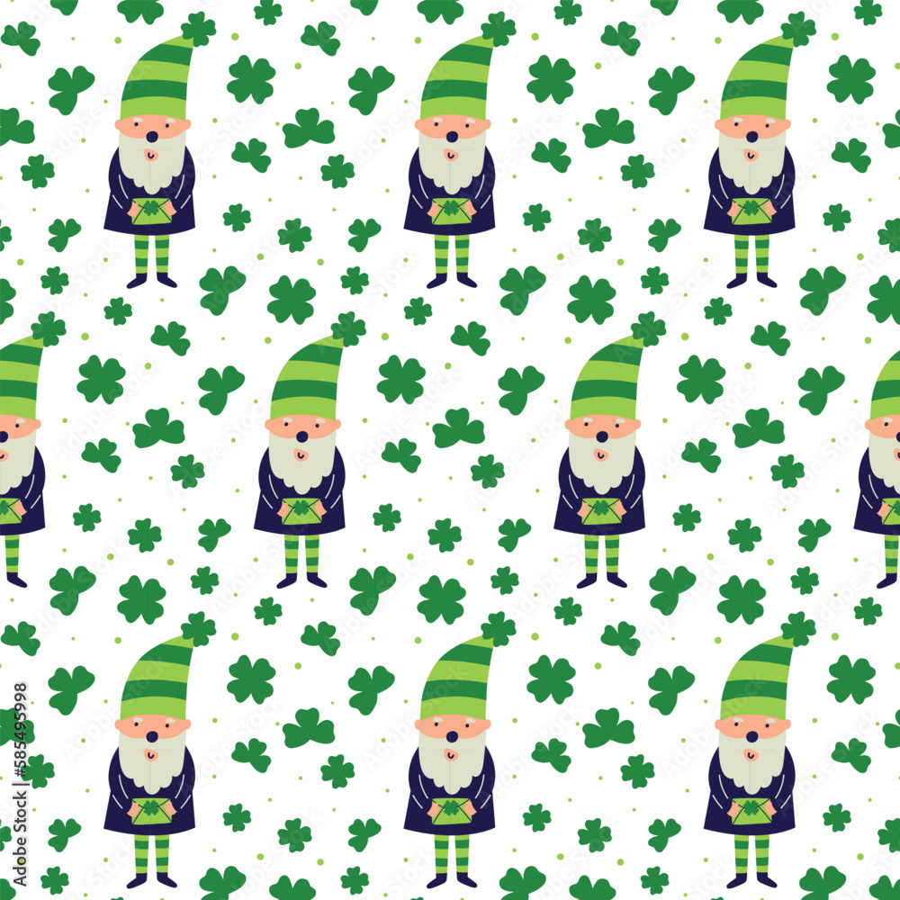 Saint Patrick's Day vector seamless pattern with green clover gnome leprechaun. Irish background for print, textile, wrapping paper, fabric