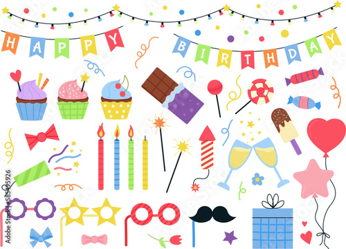 Party birthday decorations clipart, cartoon garlands and party balloons. Scrapbook colorful items, children festive, decent anniversary vector set