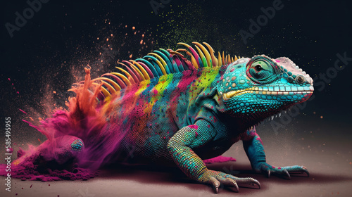 Colorful Iguana Covered in Vibrant Powder Splash. A Dazzling Display of Nature s Beauty. Generative AI