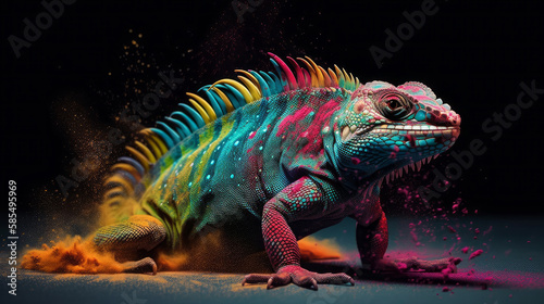 Colorful Iguana Covered in Vibrant Powder Splash. A Dazzling Display of Nature s Beauty. Generative AI