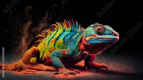 Colorful Iguana Covered in Vibrant Powder Splash. A Dazzling Display of Nature's Beauty. Generative AI