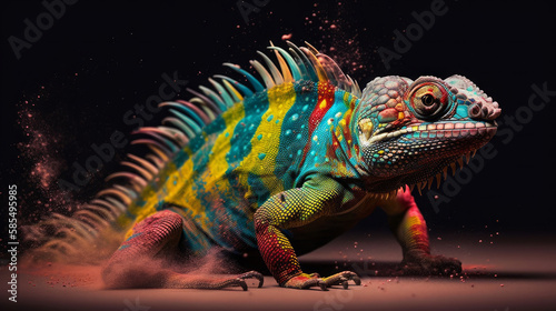 Colorful Iguana Covered in Vibrant Powder Splash. A Dazzling Display of Nature's Beauty. Generative AI