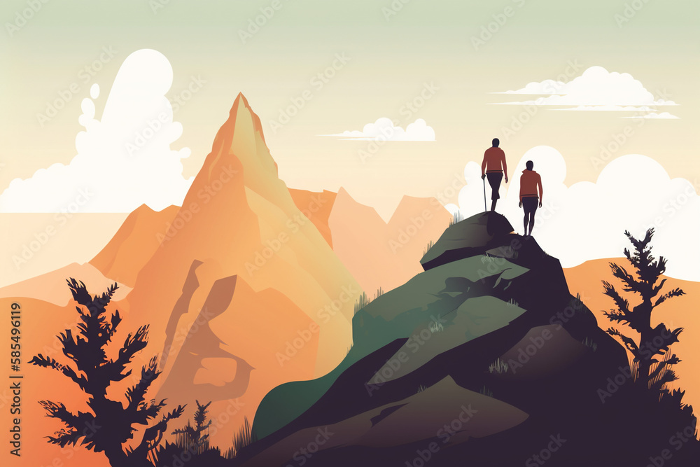 Fototapeta premium Two people standing on top of a mountain Generative AI