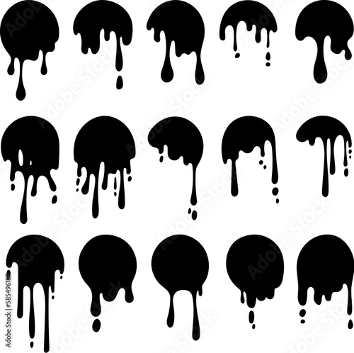 Black round dripping ink. Melt drip circle logo, oil messy stains. Liquid chocolate or caramel, graffiti style paint flow. Neoteric vector simple graphic photo